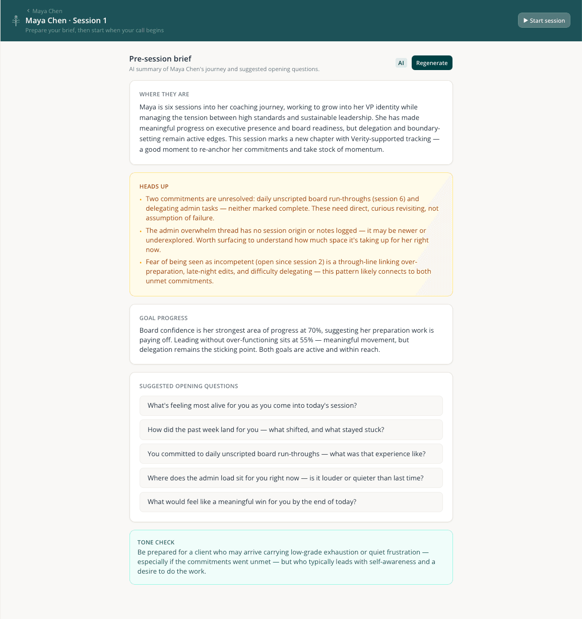 Verity pre-session brief showing AI-generated heads-up and open commitments for an upcoming coaching session